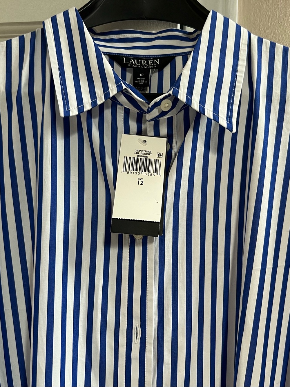 Lauren Ralph Lauren Blue & White Striped Maxi Shirt Dress with Lace Sleeve - Picture 6 of 7